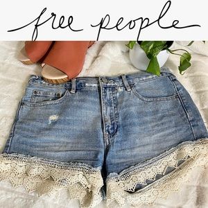 Free People High Waisted Lace Trim Denim Shorts